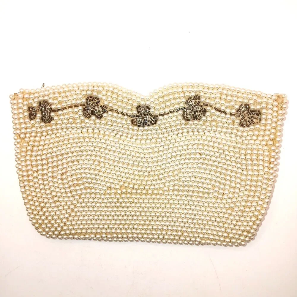 Vintage Pearl Beaded Clutch Purse Evening Bag Front Pocket Japan 7x4 in TLC